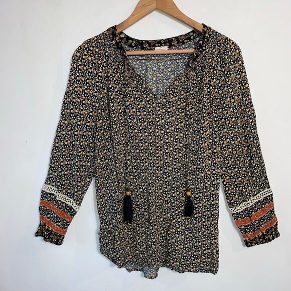 Floral Peasant Top L Crochet Tassels Cottagecore Prairie Bohemian Folk Blouse - Picture 1 of 9